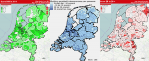 2014 local elections results for D66 and the SP compared to a map of income variation by municipality