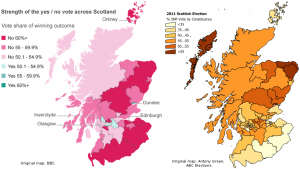 Map: Scottish independence referendum vs SNP vote in 2011 Scottish elections