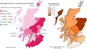 Map: Scottish independence referendum vs SNP vote in 2011 Scottish elections by council area